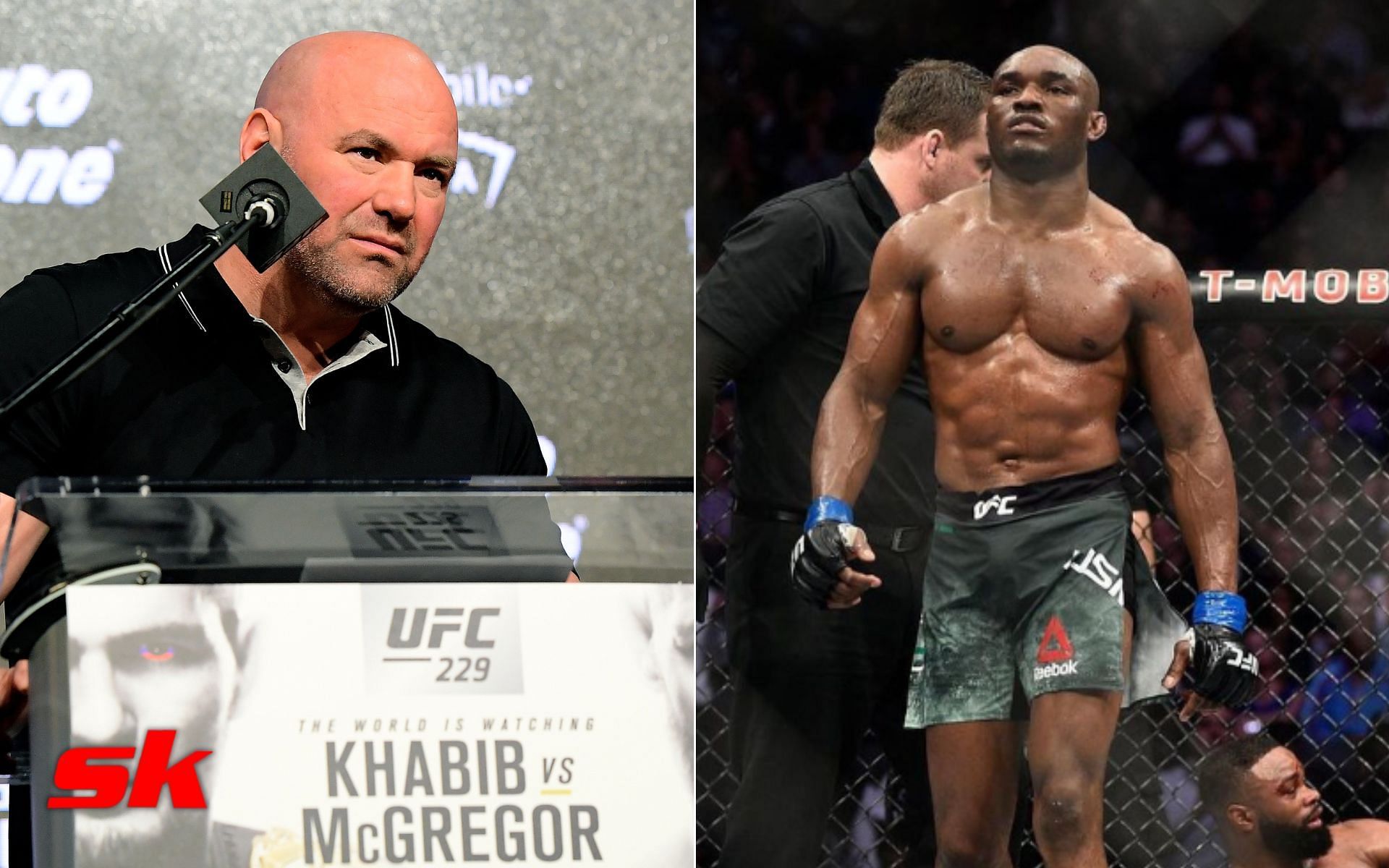 Dana White at UFC press conference (left - via Getty), Kamaru Usman after beating Tyron Woodley (right - via Getty)