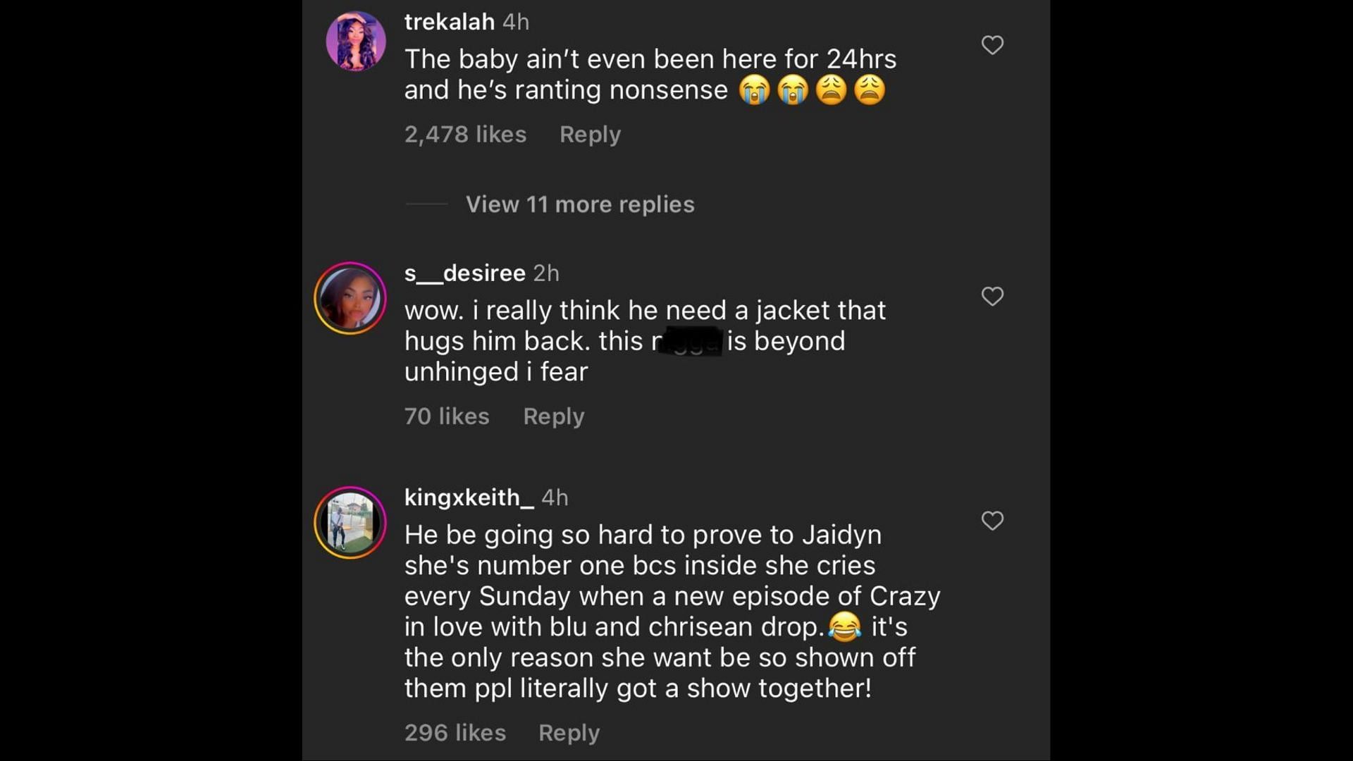 Screenshot of Internet users remarking on the rapper defending his absence during Chrisean Rock&#039;s labor. (Photo via @theneighborhoodtalk/Instagram)
