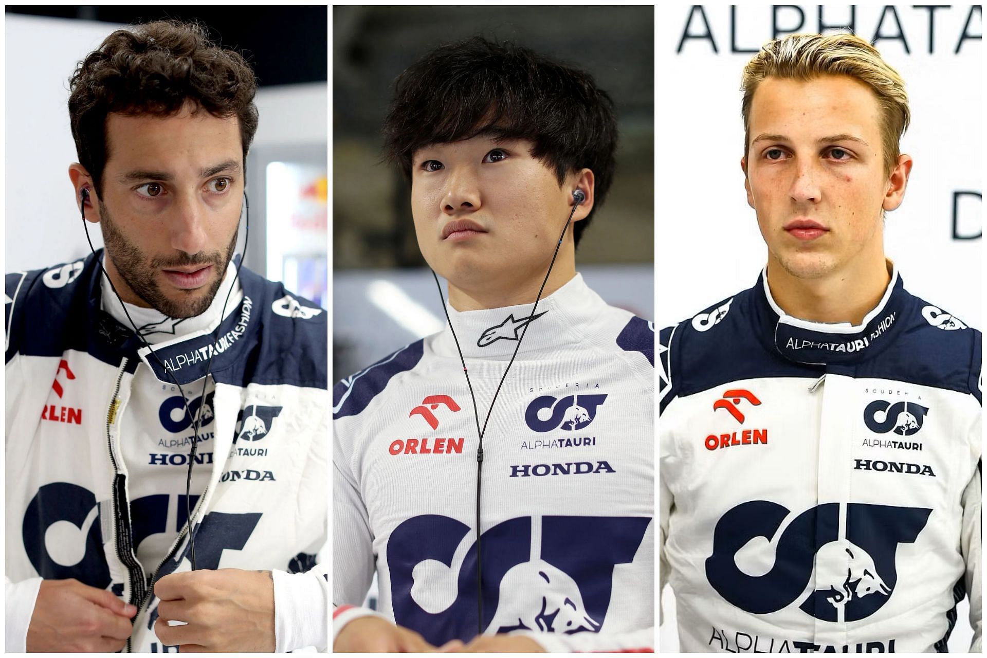 Daniel Ricciardo (L), Yuki Tsunoda (C), and Liam Lawson (R) (Collage via Sportskeeda)
