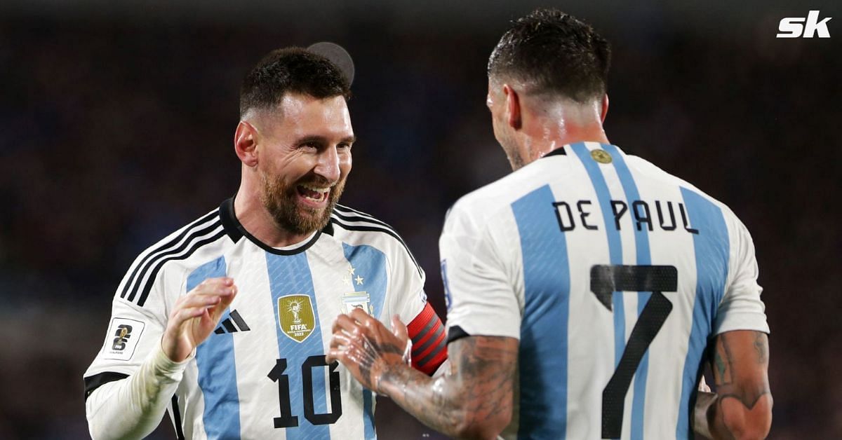 [L-to-R] Lionel Messi and Rodrigo De Paul celebrate during Argentina