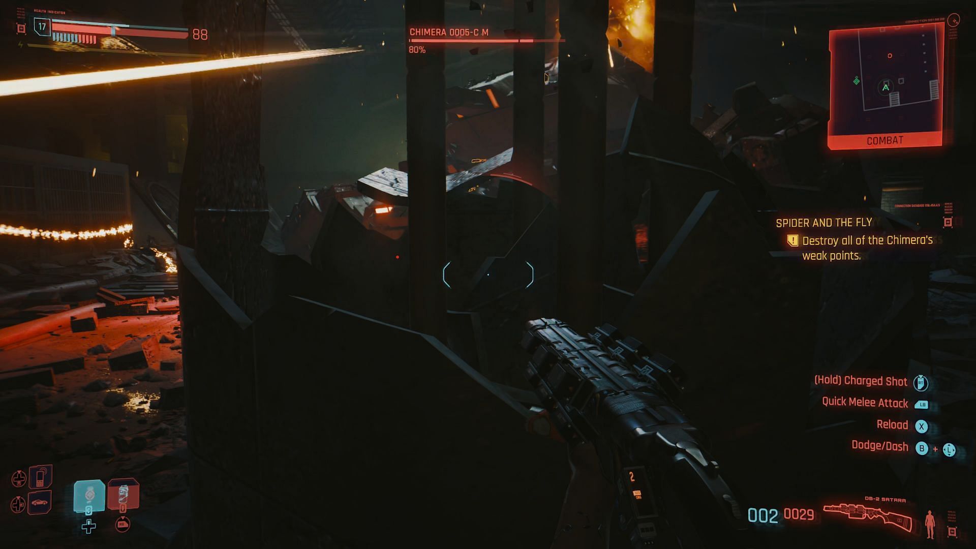 Use pillars to avoid the Chimera&#039;s Gatling Gun (Image via Cyberpunk 2077)