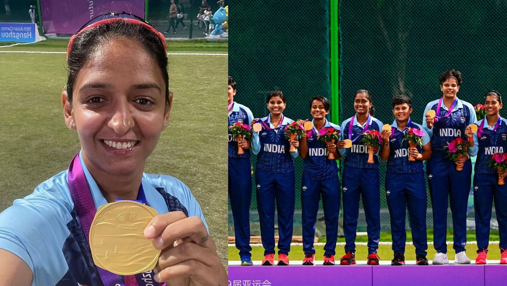 Harmanpreet Kaur (R) and Indian team members with the Asian Games medal.