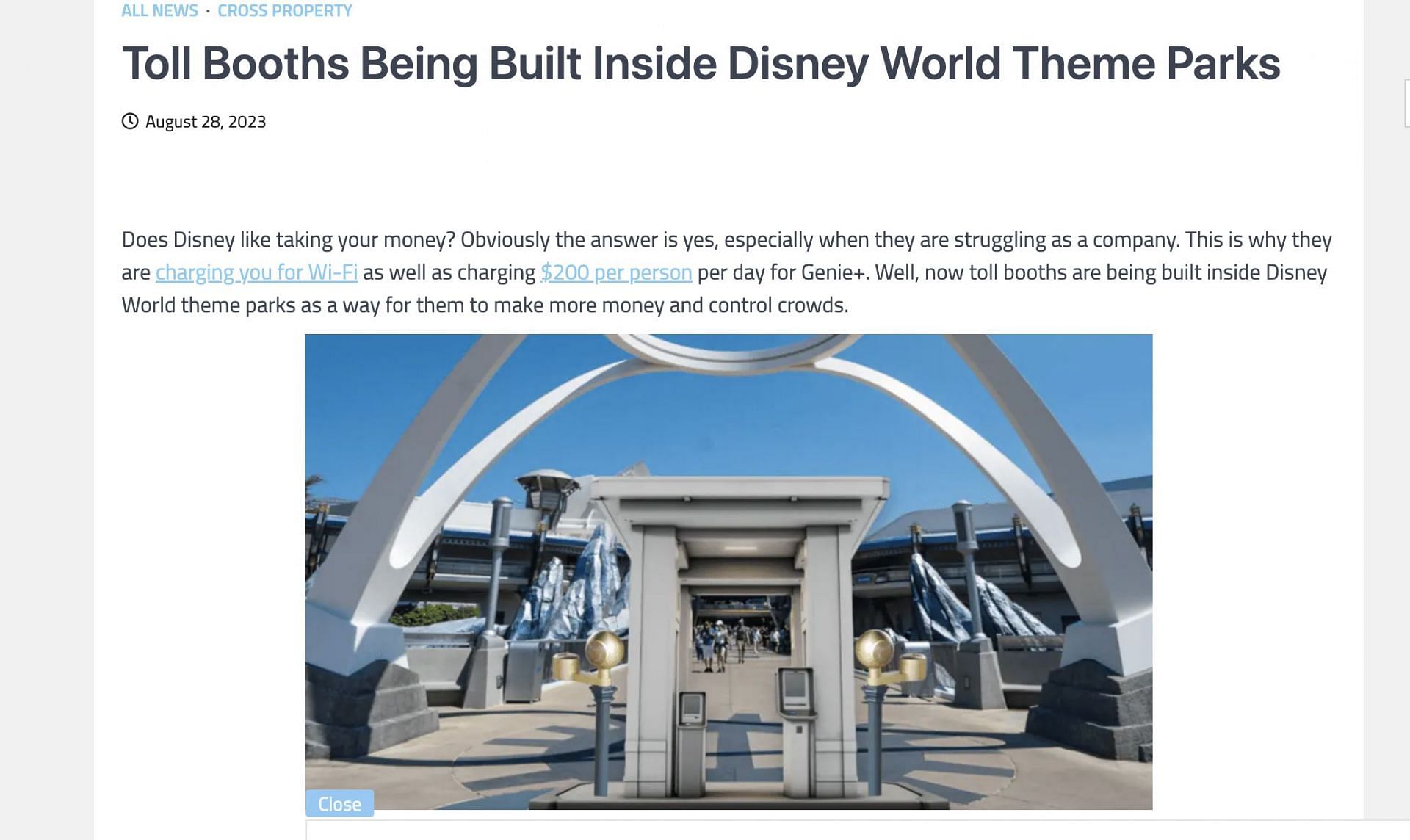 Disney is not installing toll booths inside the theme park: All about the fake news being reported by a satirical website. (Image via Mouse Trap News)