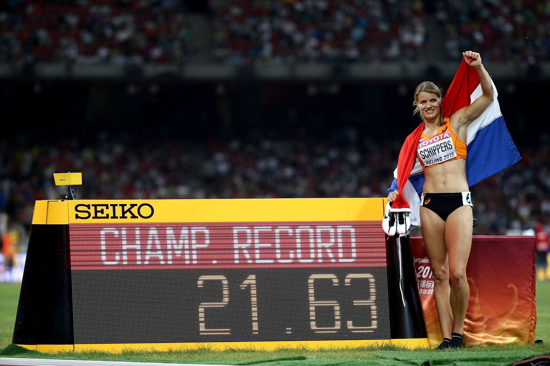 Dafne Schippers after winning the 200m finals at the 15th IAAF World Athletics Championships in Beijing, China in 2015