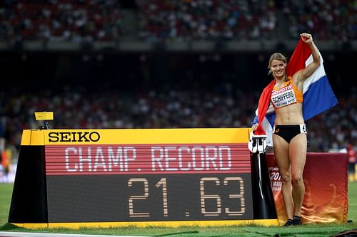 Dafne Schippers after winning the 200m finals at the 15th IAAF World Athletics Championships in Beijing, China in 2015