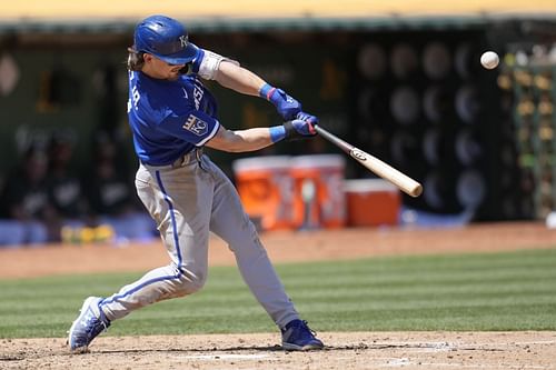 Kansas City Royals' Bobby Witt Jr. hits a home run against the Oakland Athletics