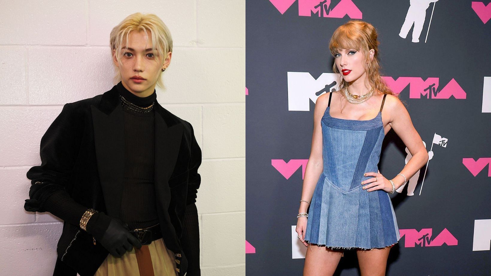 Featuring Felix of Stray Kids and Taylor Swift from VMAs 2023. (Image via Twitter/ @blessedswifty and @namchanhyung)