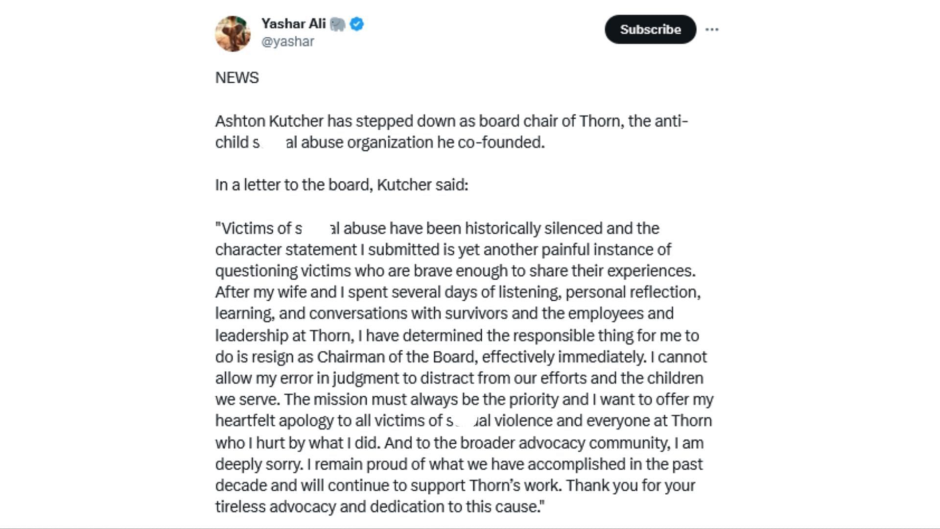 Ashton Kutcher&#039;s letter published by TIME (Image via X / @yashar)