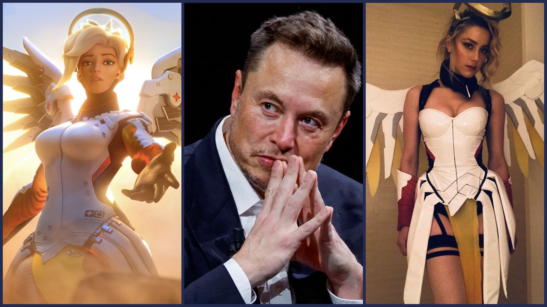 (Left to right): Mercy, Elon Musk and Amber Heard as Mercy. (Images via X/@elonmusk)