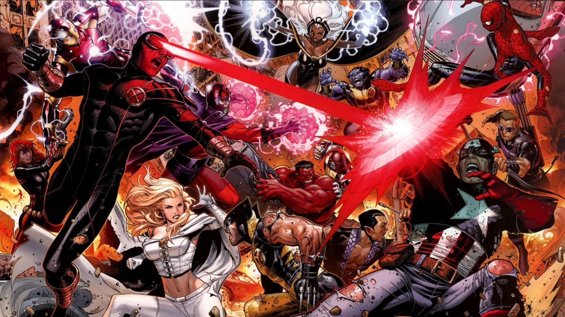 A less-than-civilized version of the debate in Avengers vs. X-Men (Image via Marvel Comics)