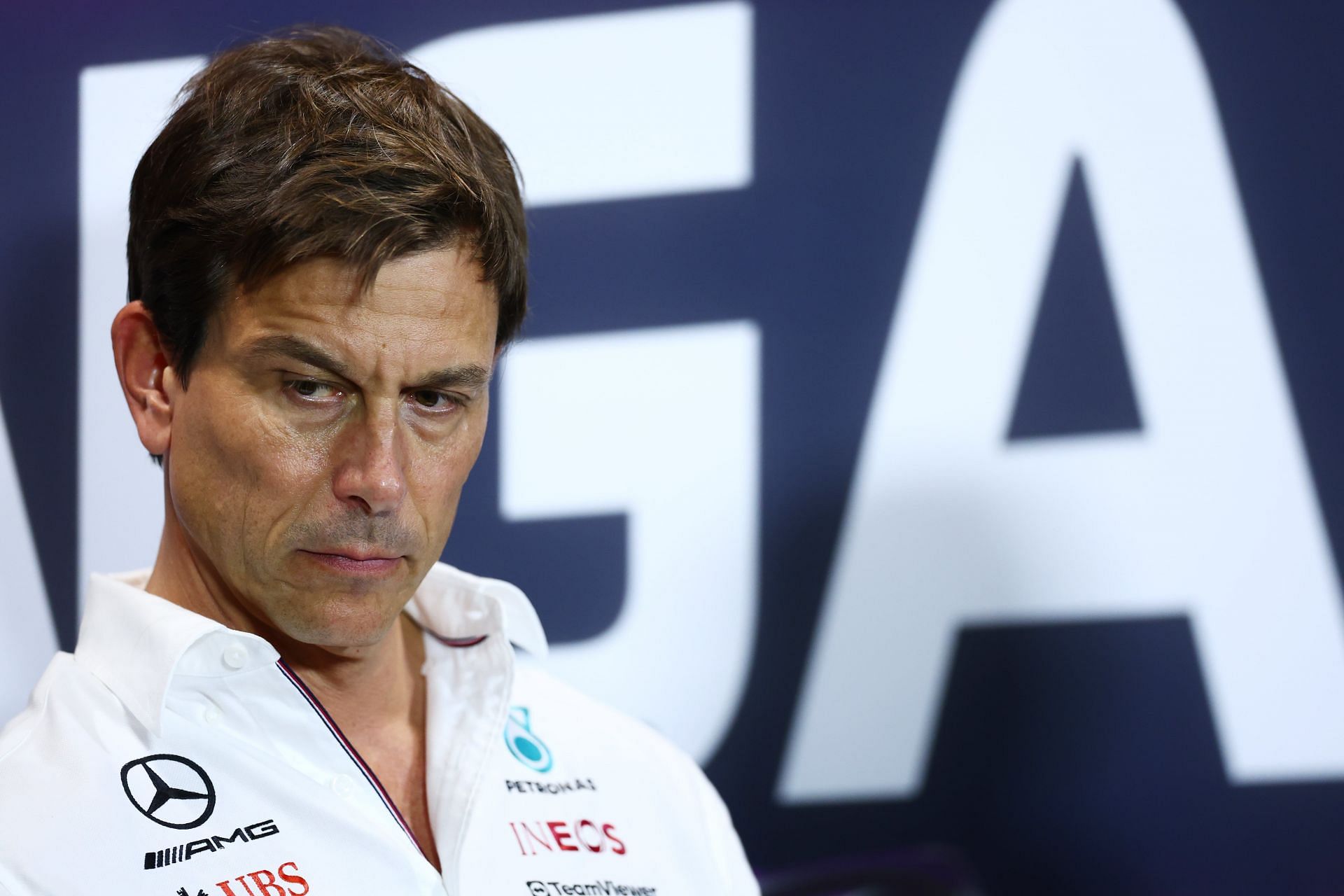 F1 Grand Prix of Singapore - Practice SINGAPORE, SINGAPORE - SEPTEMBER 15: Mercedes GP Executive Director Toto Wolff reacts in a team principals press conference during practice ahead of the F1 Grand Prix of Singapore at Marina Bay Street Circuit on September 15, 2023 in Singapore, Singapore. (Photo by Bryn Lennon/Getty Images)