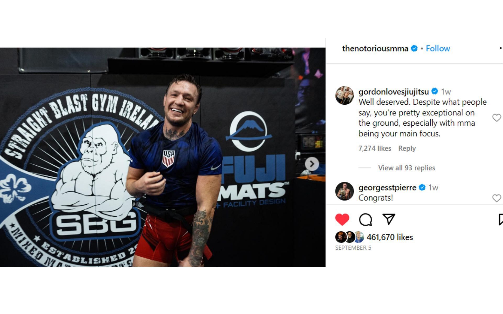 Screenshot of Ryan&#039;s comment on McGregor&#039;s post