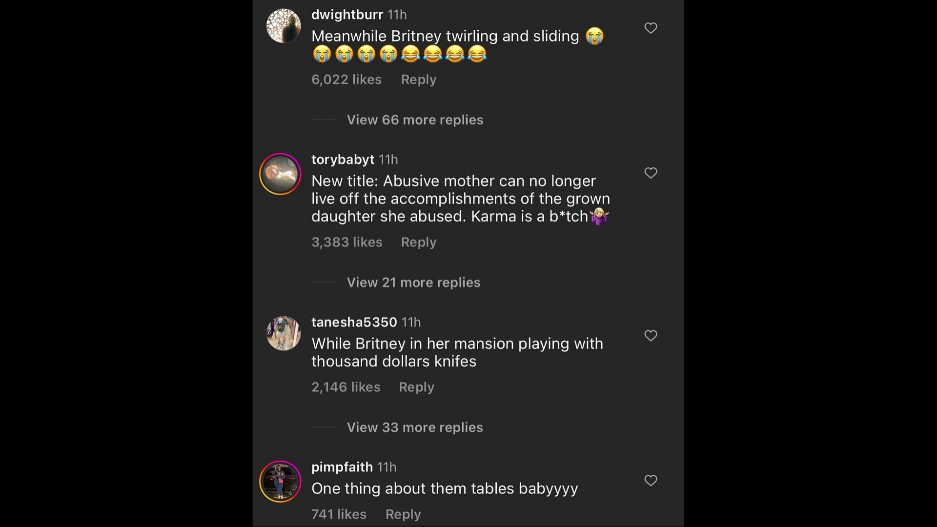Screenshot of Internet users remarking on Lynne&#039;s financial condition after falling out with Britney. (Photo via @hollywoodunlocked/Instagram)