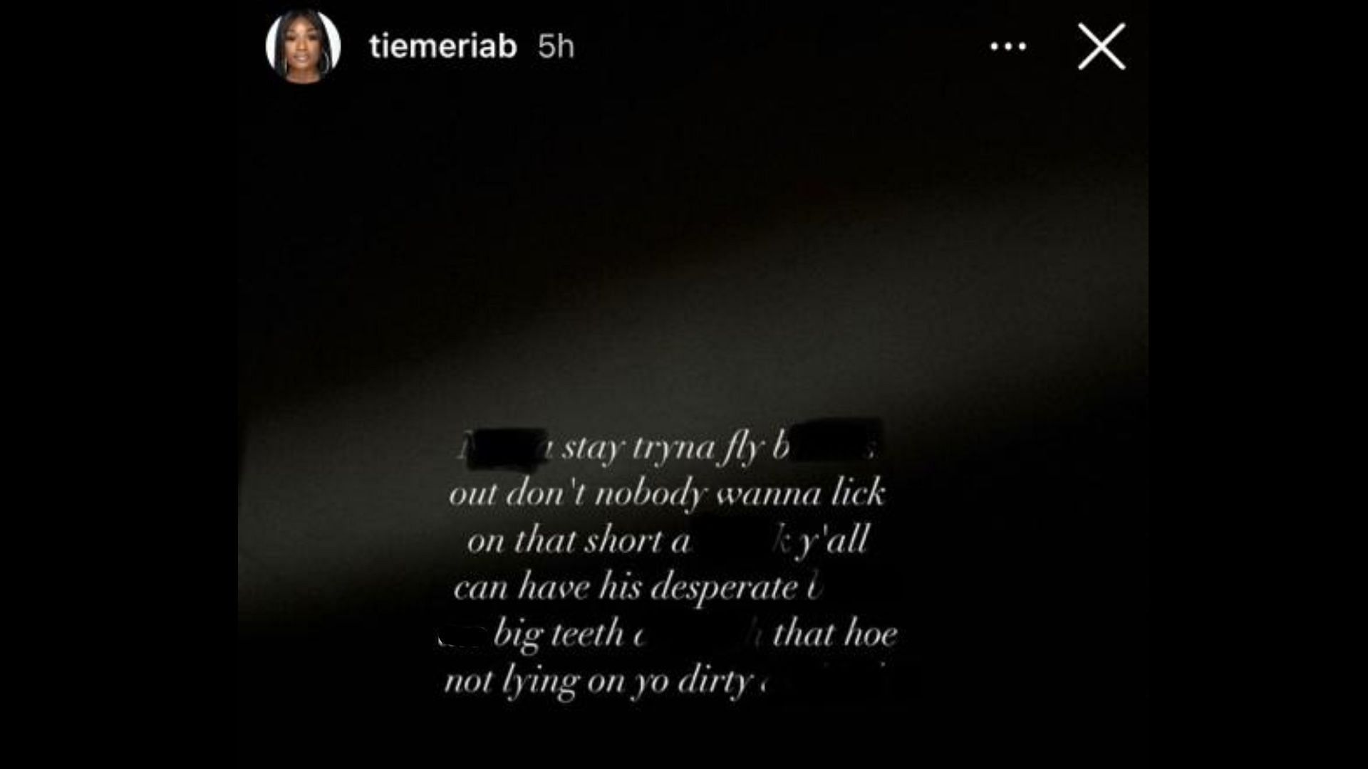 Screenshot of Tiemeria&#039;s Instagram story blasting off Yung Bleu.