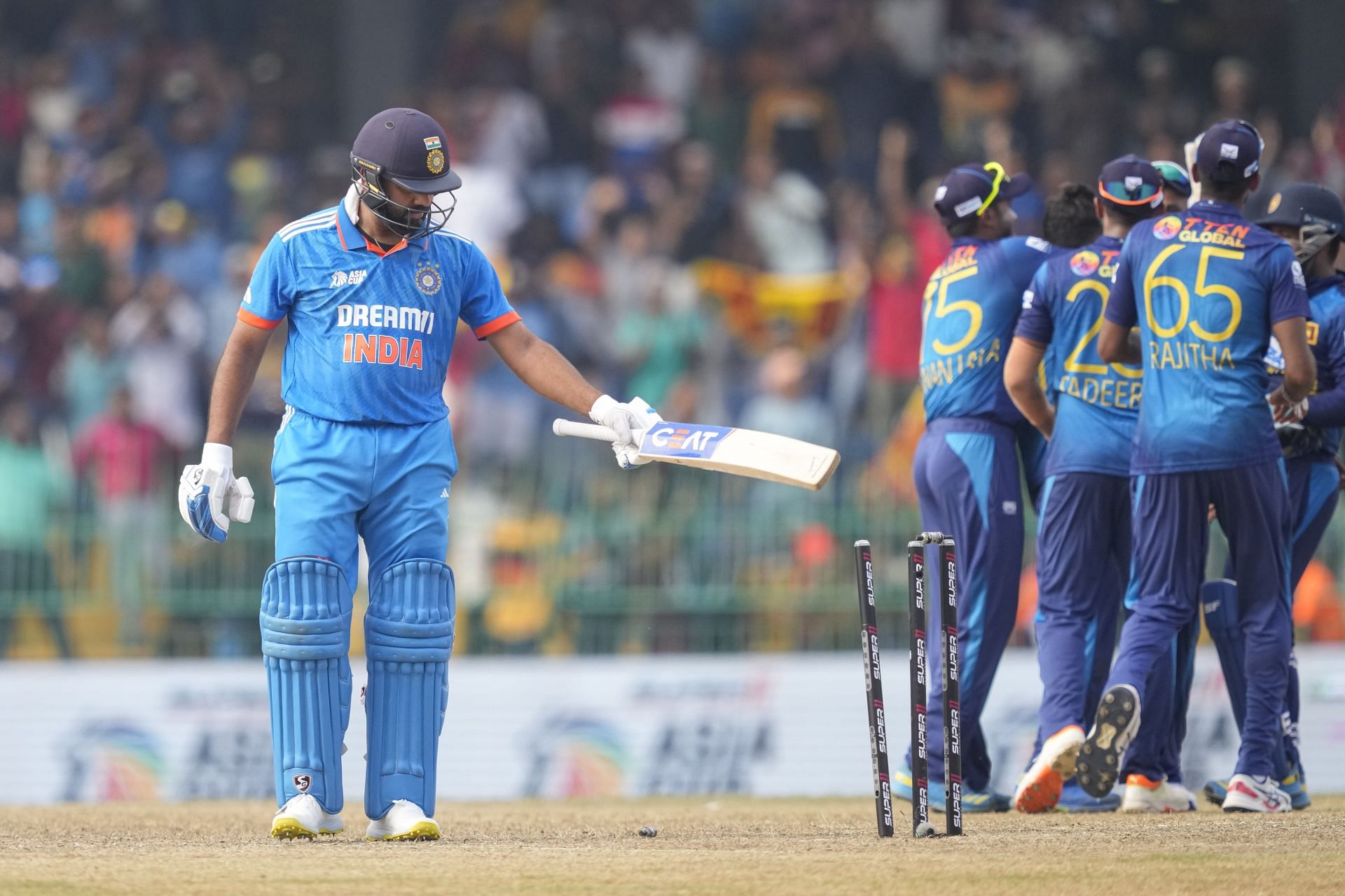 Rohit Sharma was castled by Dunith Wellalage. [P/C:AP]