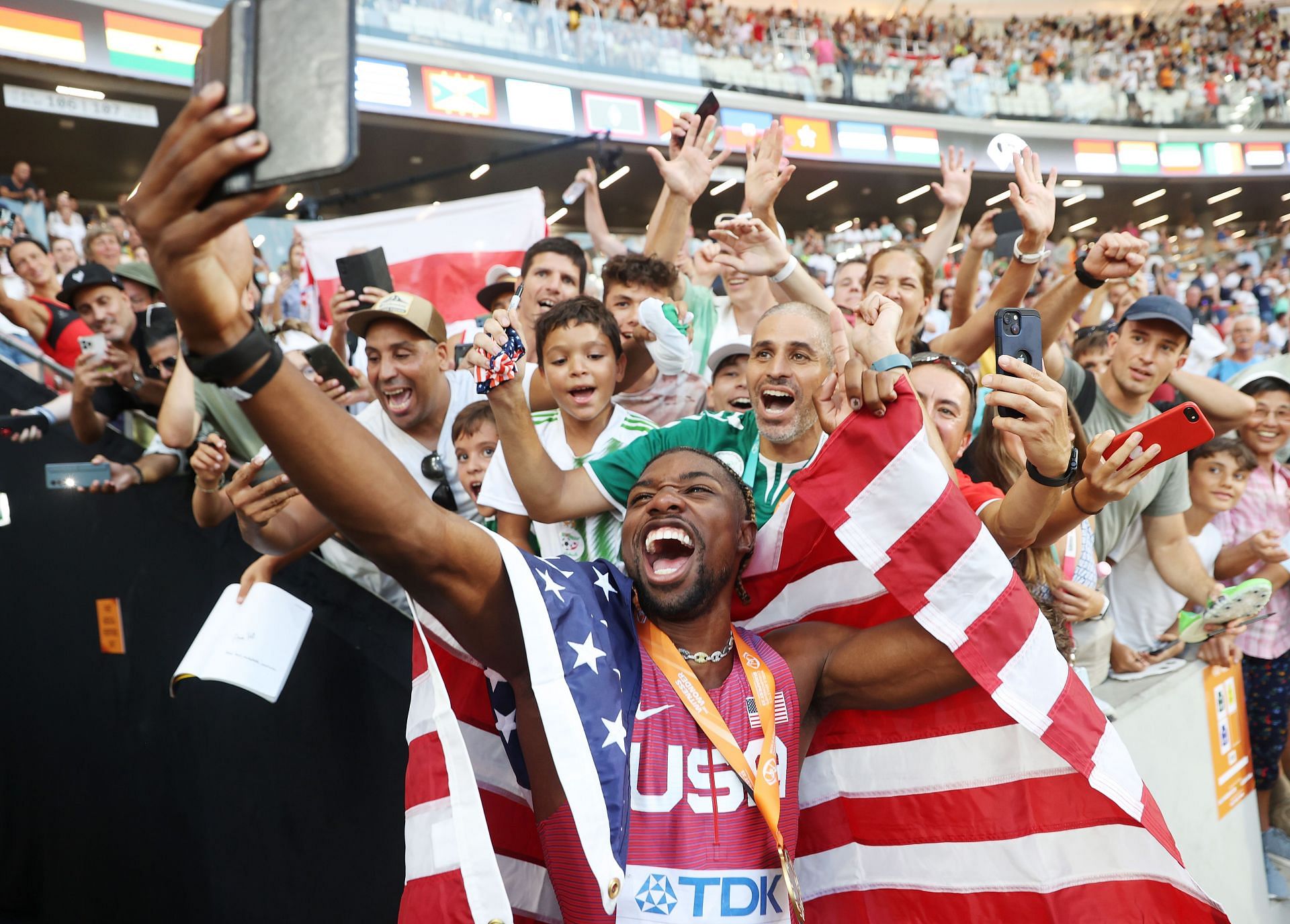 Noah Lyles celebrates after winning in the Men&#039;s 100m final at the 2023 World Athletics Championships in Budapest, Hungary