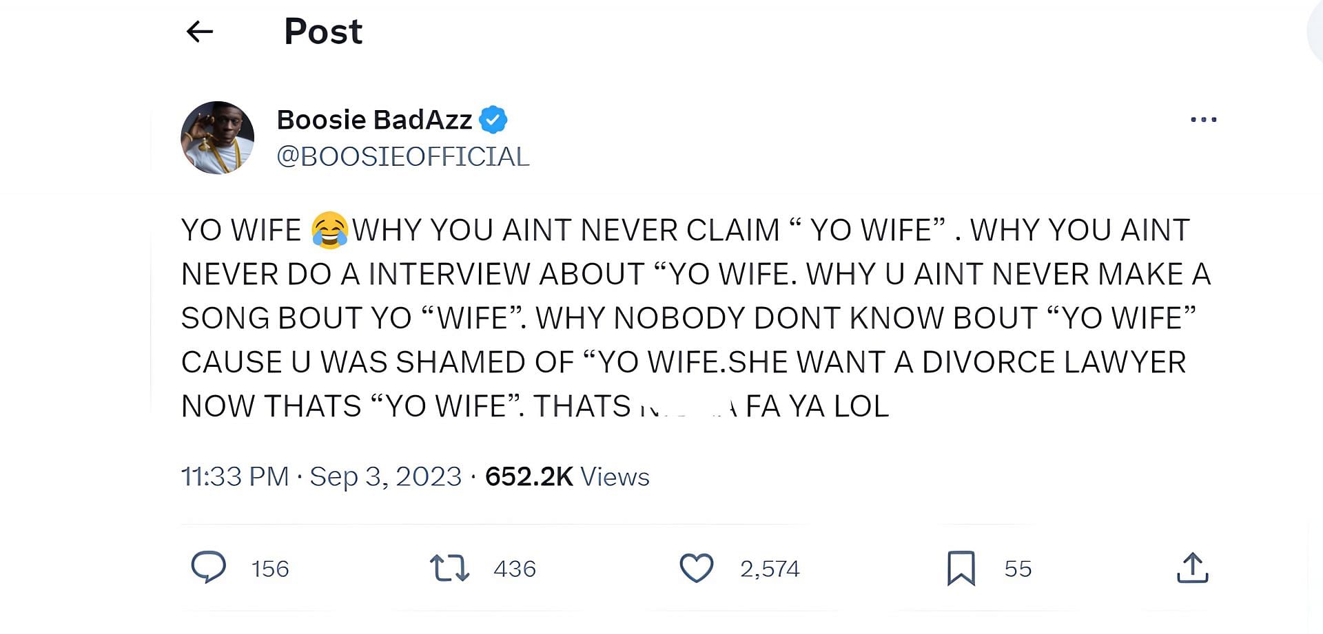 Boosie reacts to Yung Bleu&#039;s dispute with his wife Tiemeira (image via official Boosie Twitter page @BOOSIEOFFICIAL)