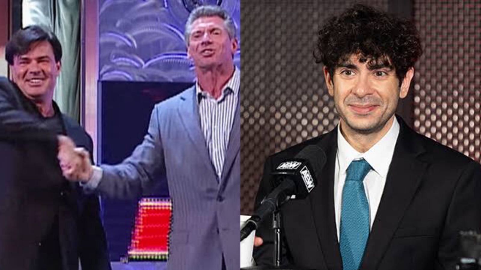 Eric Bischoff and Vince McMahon (left), Tony Khan (right)