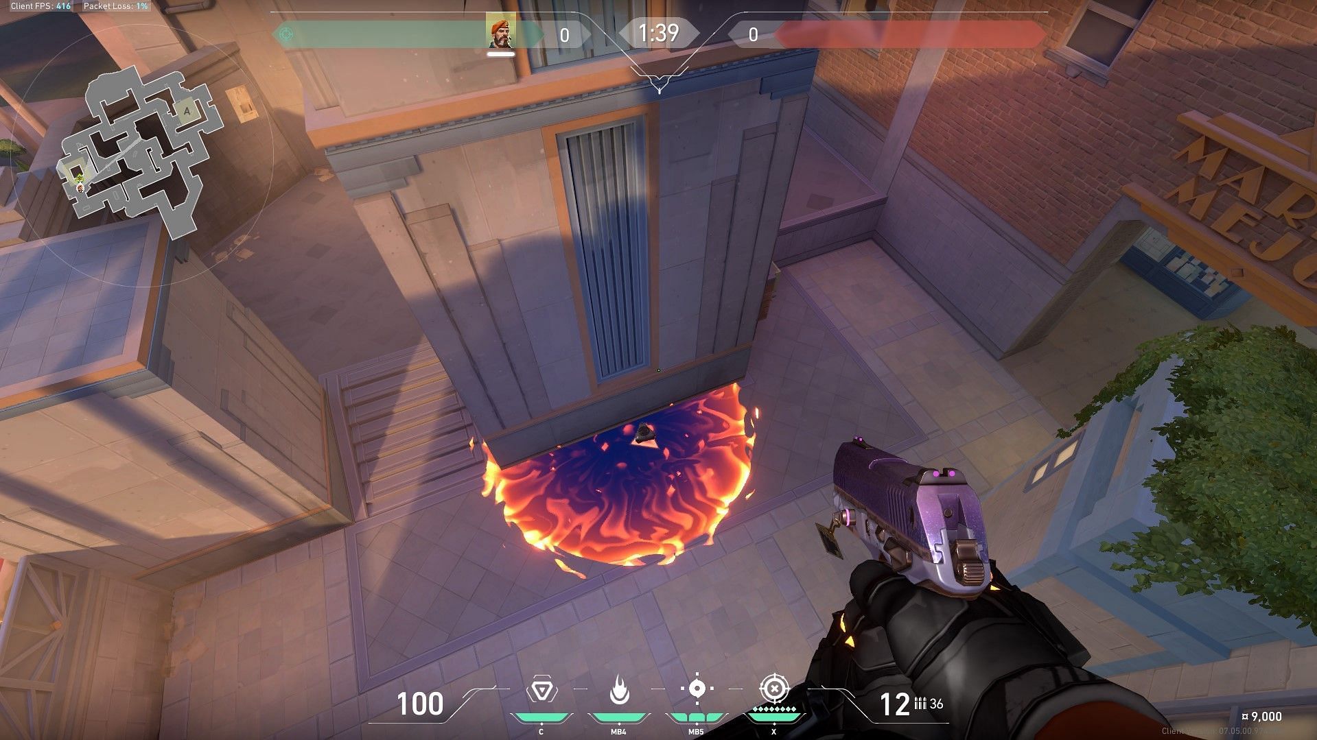Where the Incendiary lands in B Site center plant (Image via Riot Games)