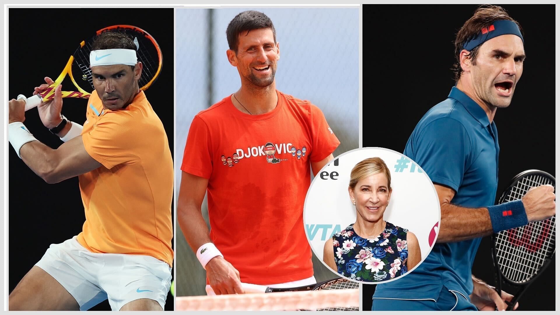 Rafael Nadal (L), Novak Djokovic (middle), Chris Evert (inset) and Roger Federer (R)