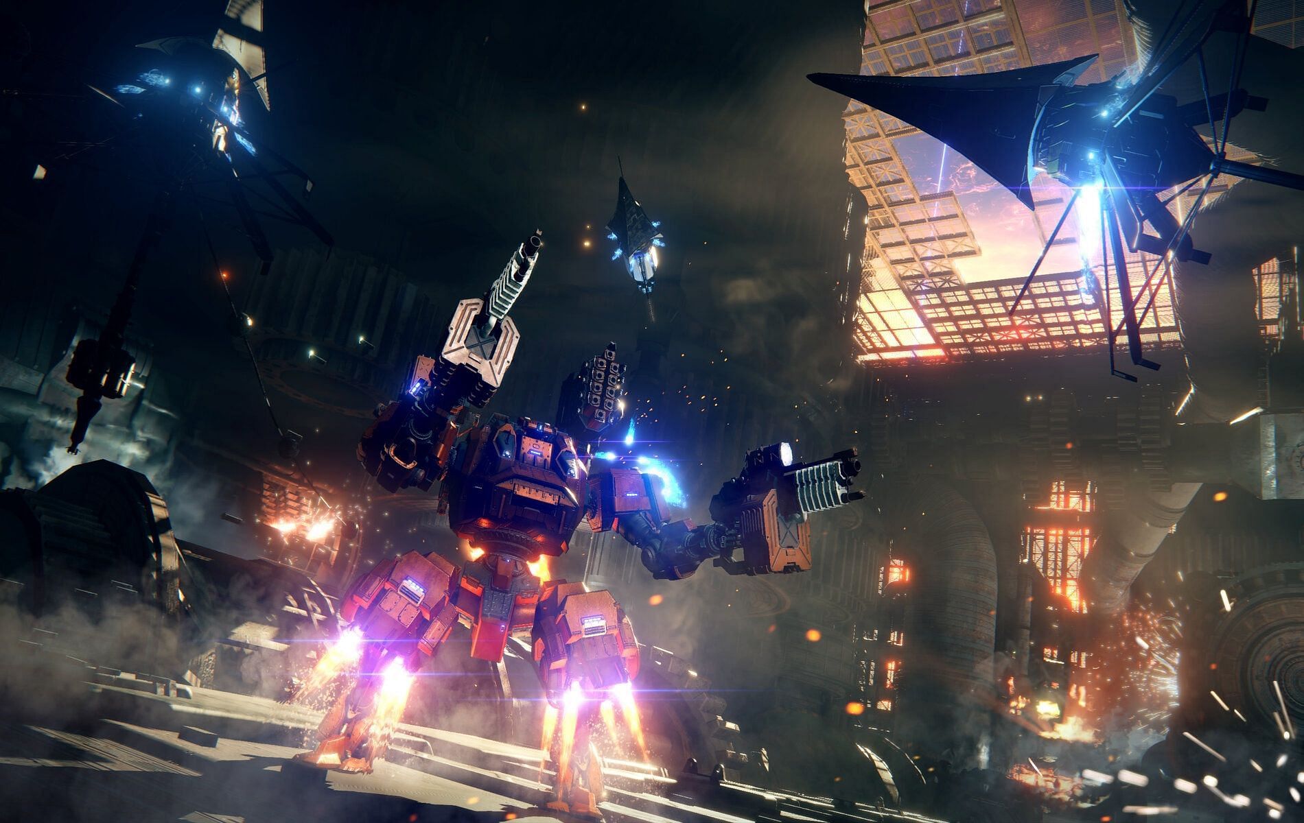 The image depicts a mech in middle of a firefight