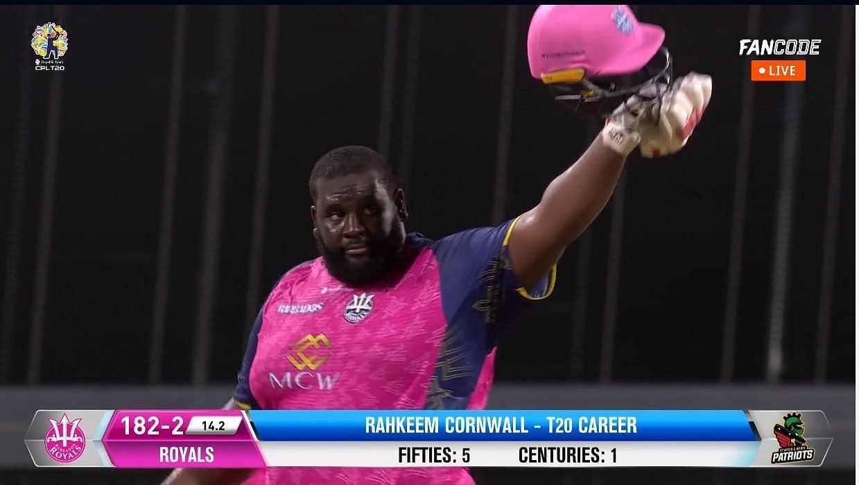 &quot;The Big Man&quot; Rahkeem Cornwall put on a show of brutal hitting against St Kitts and Nevis Patriots. Pic: FanCode 