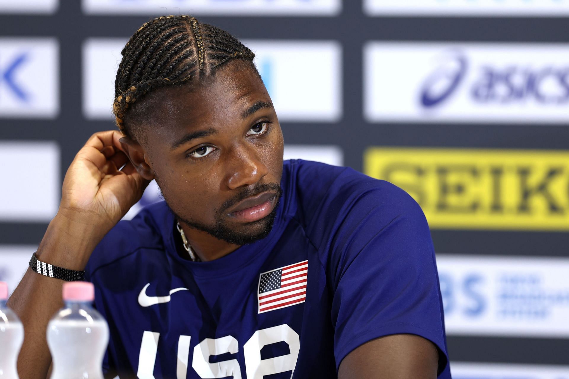 Noah Lyles during a press conference at the 2023 World Athletics Championships in Budapest