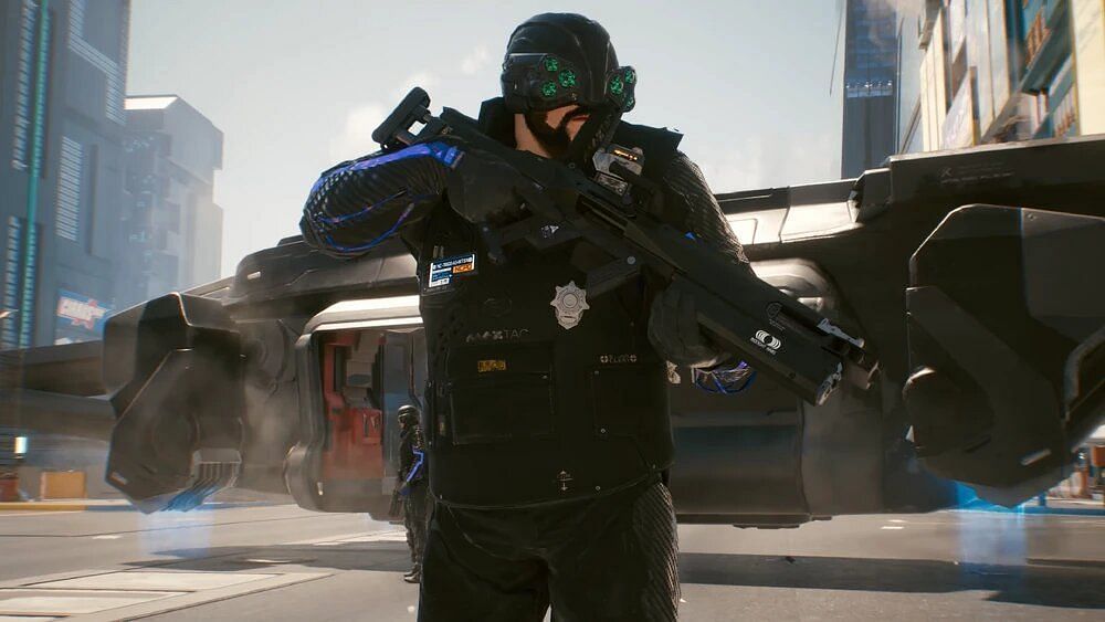 A MaxTac officer ready to bring down any criminal threatening peace (Image via CD Projekt Red)