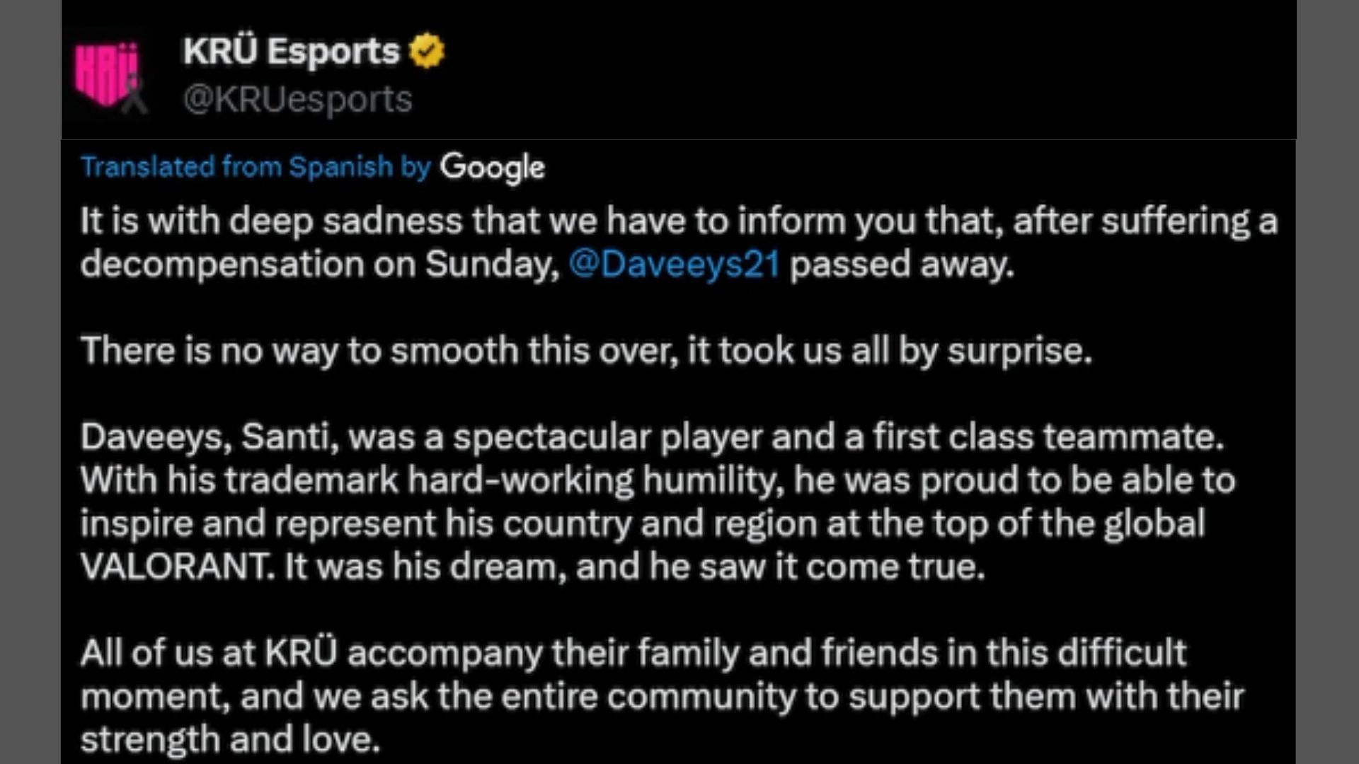 The esports org tweeted about Daveey&#039;s untimely death. (Translated to English/Screenshot via Twitter)