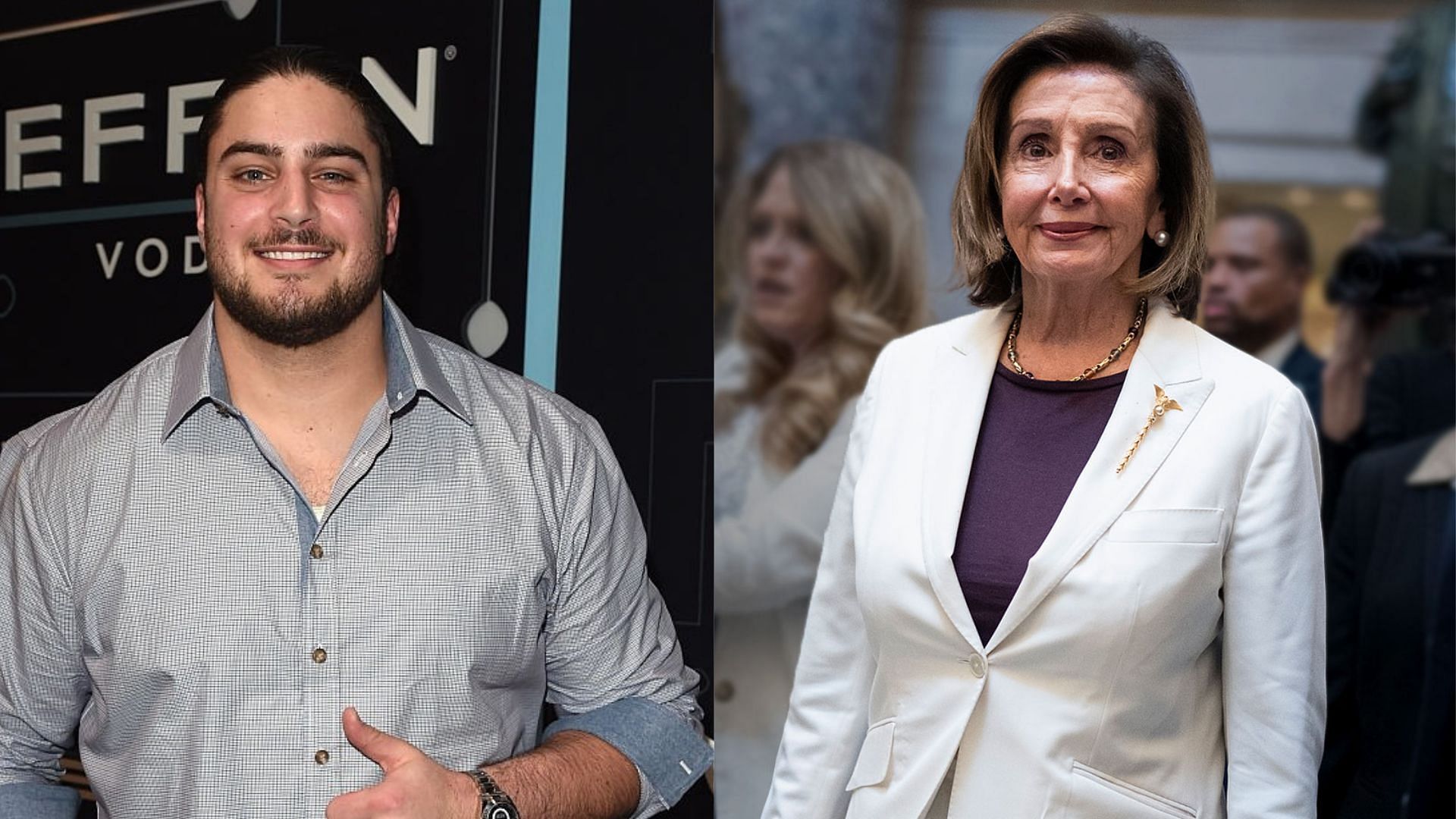 Packers OL David Bakhtiari (L) on Congresswoman Nancy Pelosi (R) and reelection campaign