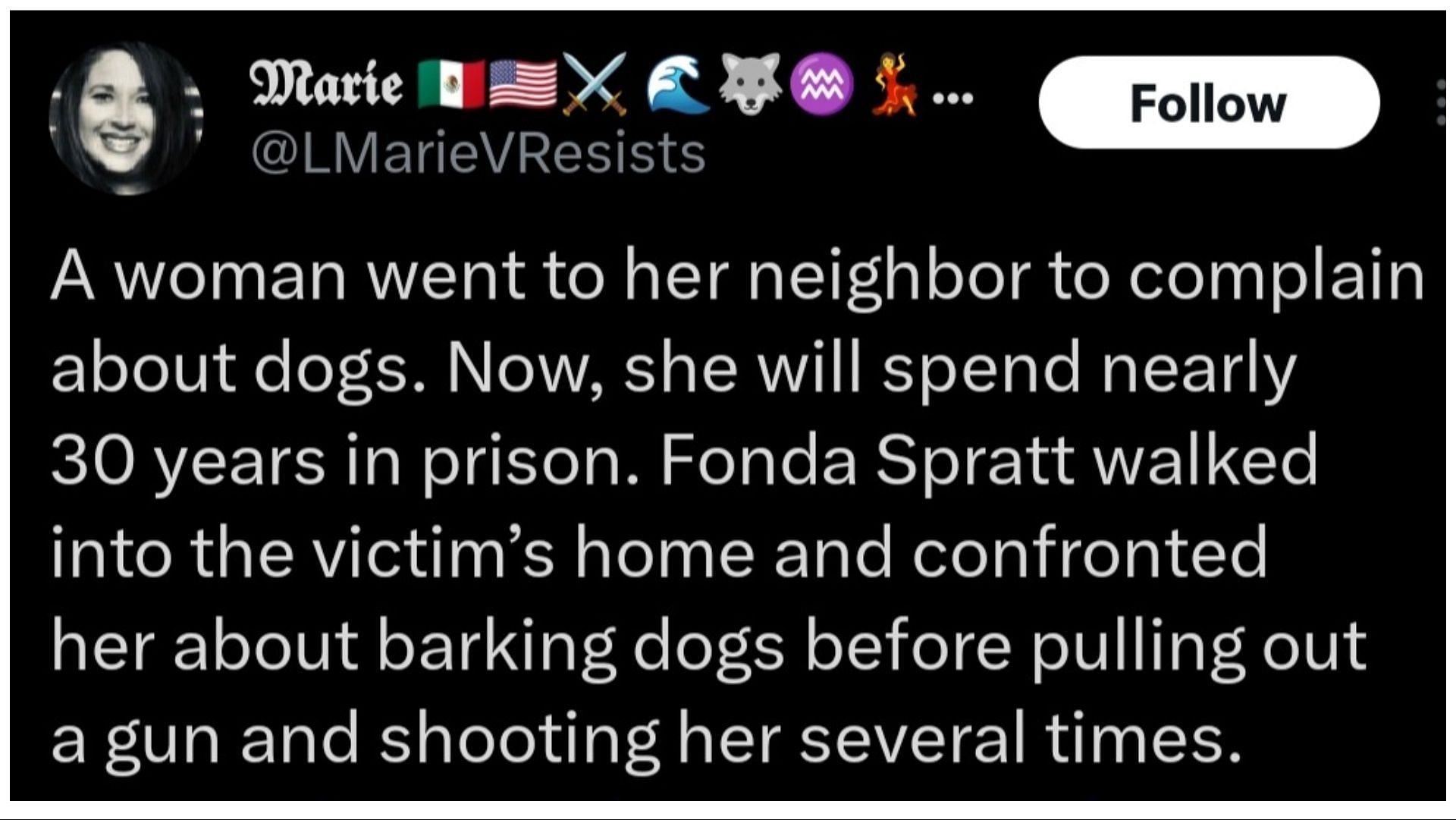 Fonda Spratt reportedly barged into her neighbor&#039;s home and shot her. (Image via Twitter/@LMarieVResists)