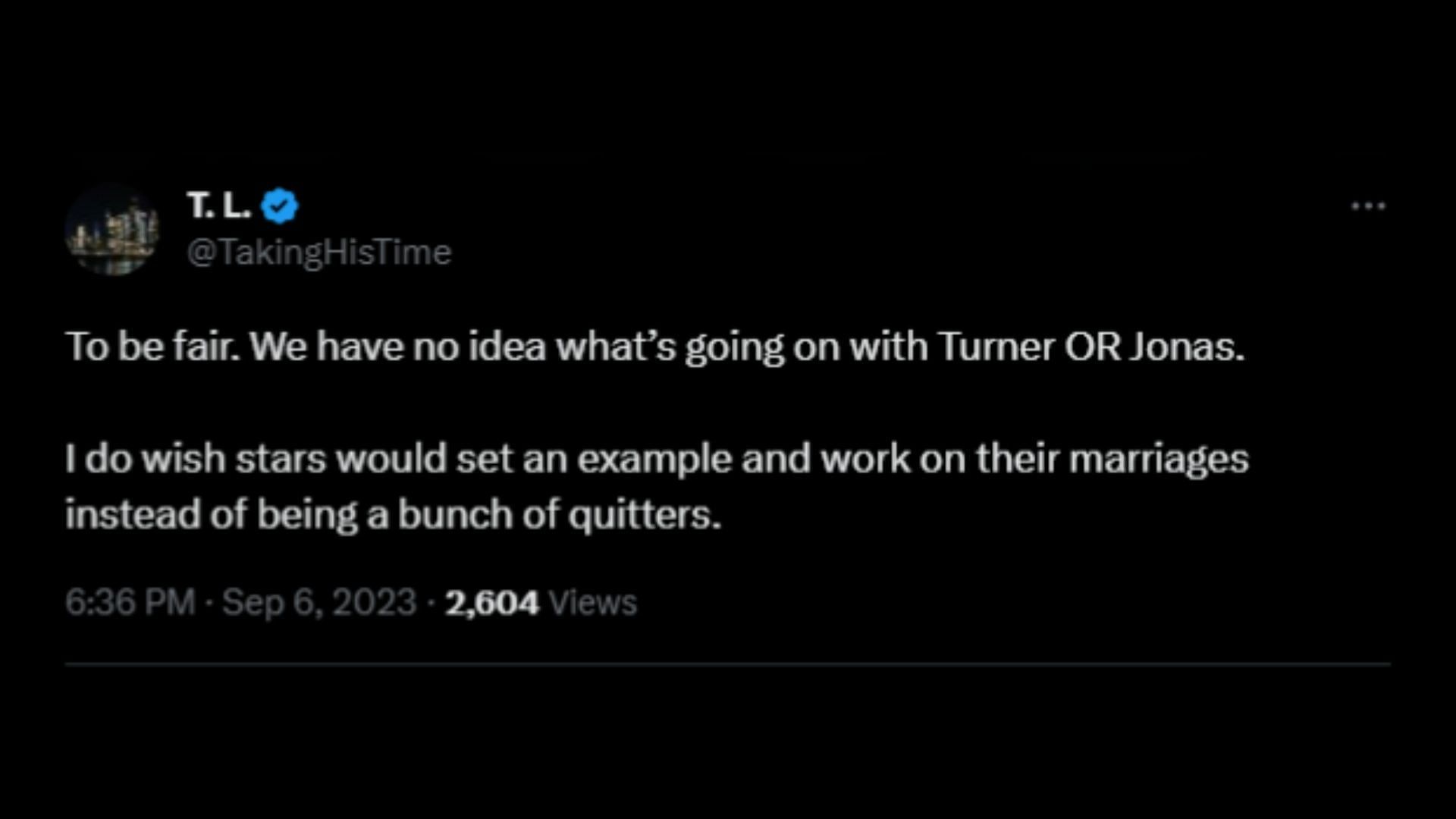 Screenshot of an X user remarking on Turner&#039;s alleged reason for getting a divorce from Jonas. (Photo via @libbyemmons/X)