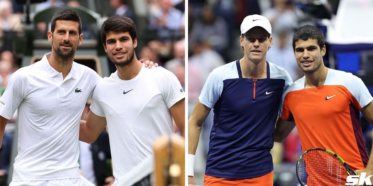 Carlos Alcaraz with Novak Djokovic (L), and with Jannik Sinner (R)