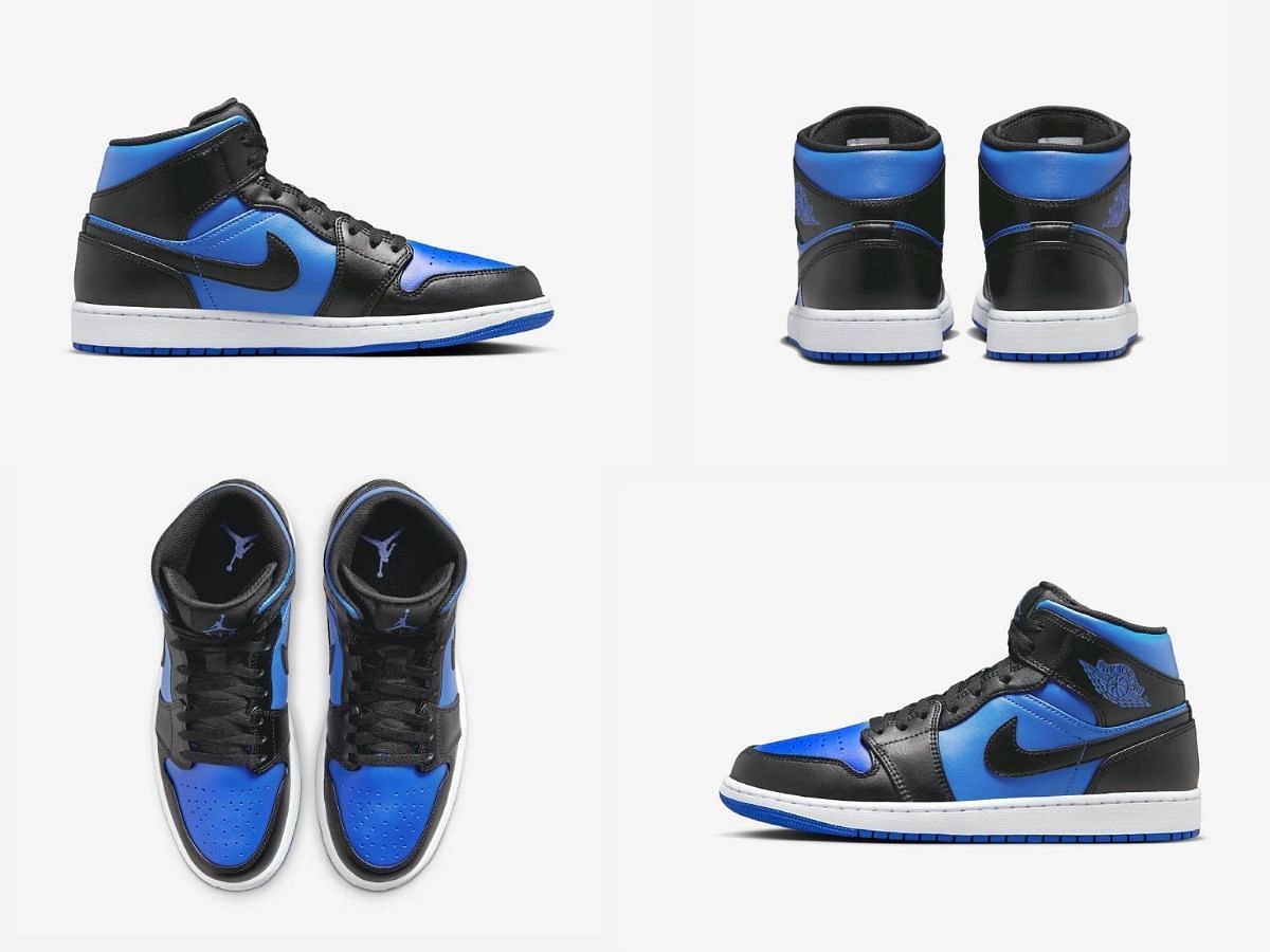 The upcoming Nike Air Jordan 1 Mid &quot;Varsity Royal&quot; sneakers come clad in white, black, and blue hues (Image via Sportskeeda)