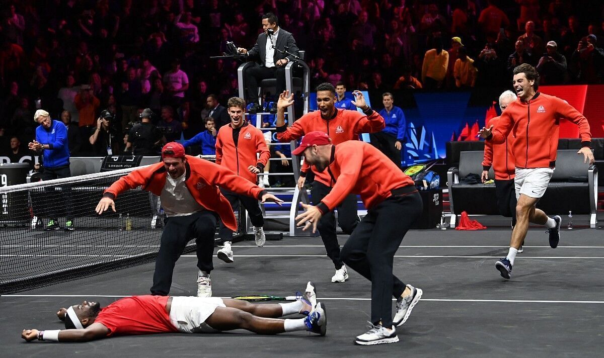 Frances Tiafoe celebrates after helping Team World win the 2023 Laver Cup