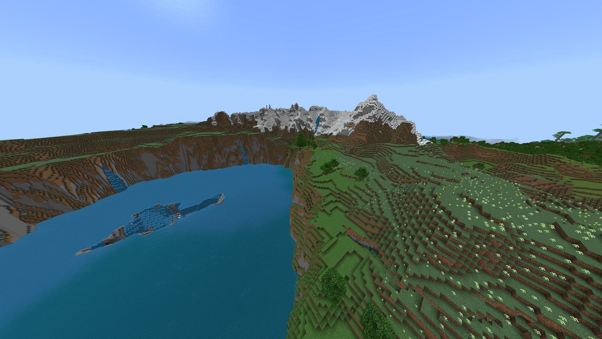 A void within the lake surrounded by high altitude extreme hills and flower forest (Image via Mojang)