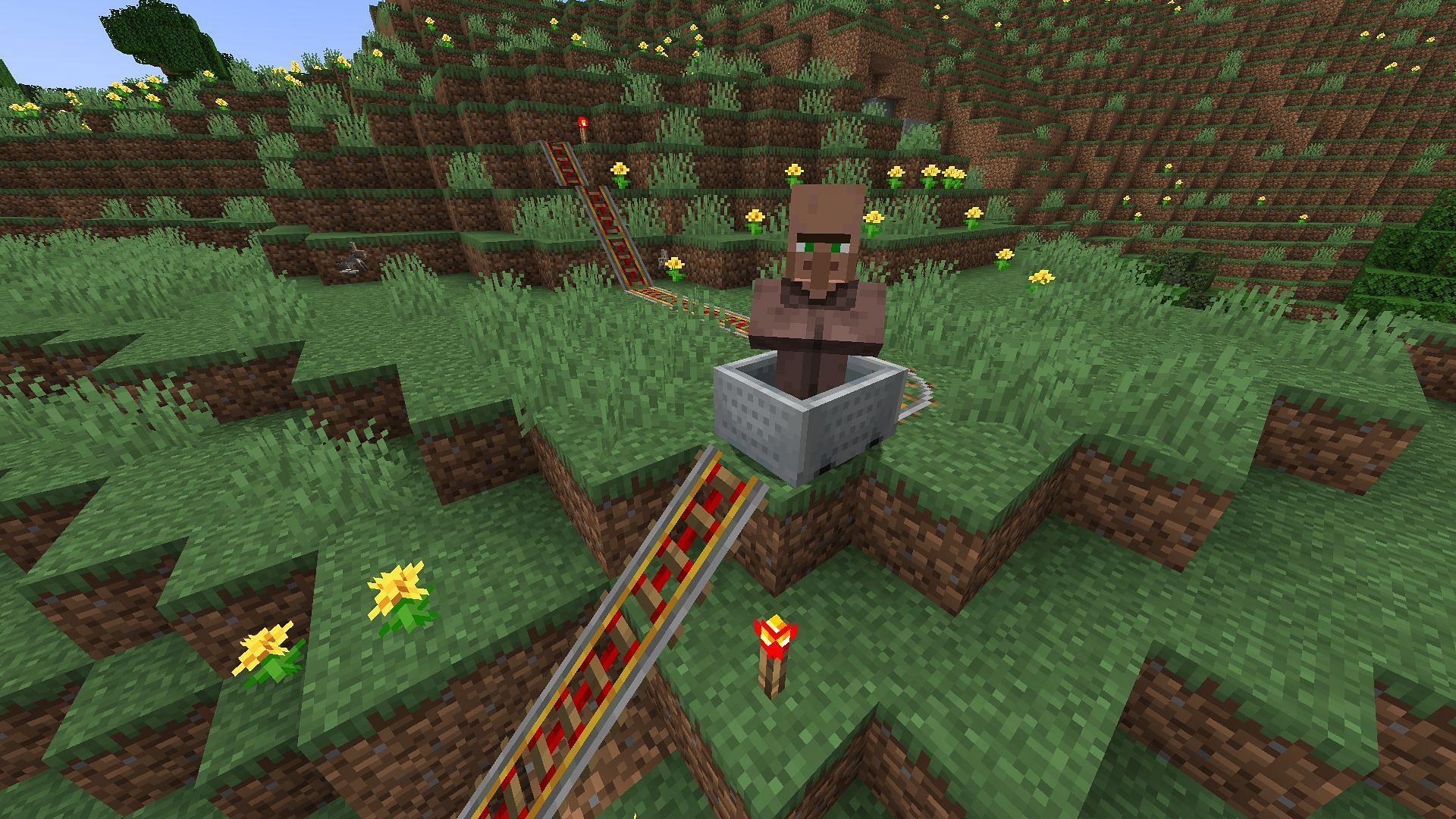 Villagers can be easily transported to the top of any mountain using powered rails and minecart in Minecraft (Image via Mojang)
