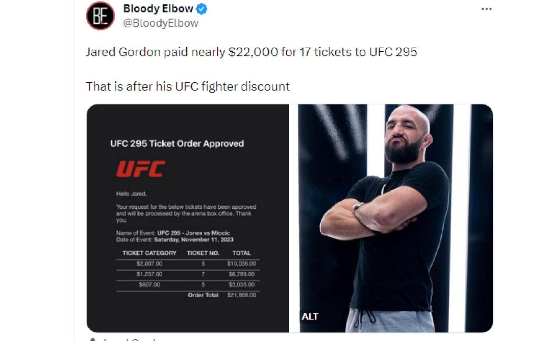 Bloody Elbow tweet regarding UFC 295 tickets