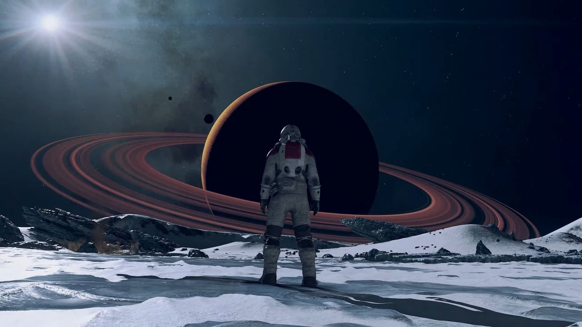 The player looking at one of the many Starfield planets. 