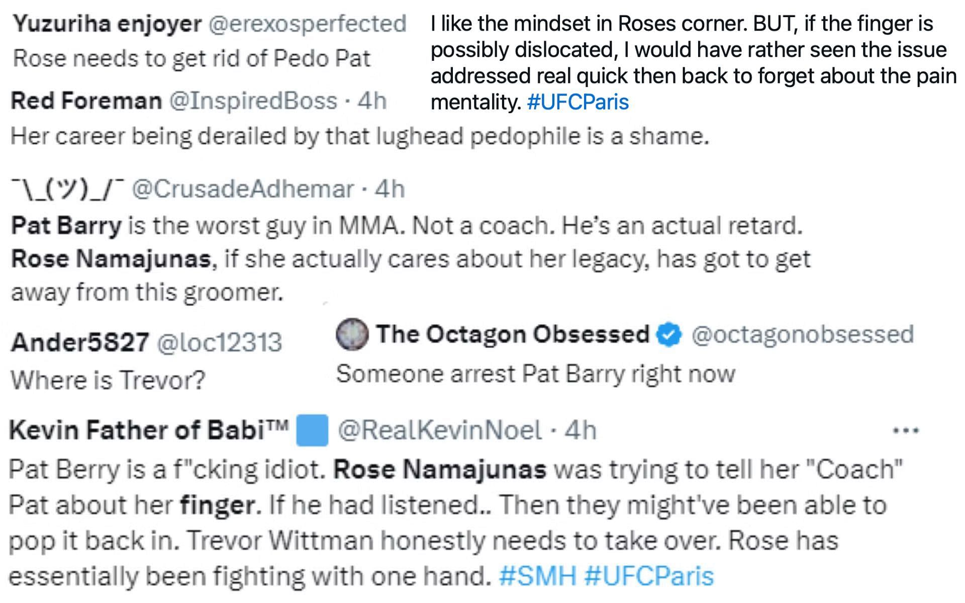Fans react on Twitter to Rose Namajunas&#039; broken finger and her relationship with Pat Barry.