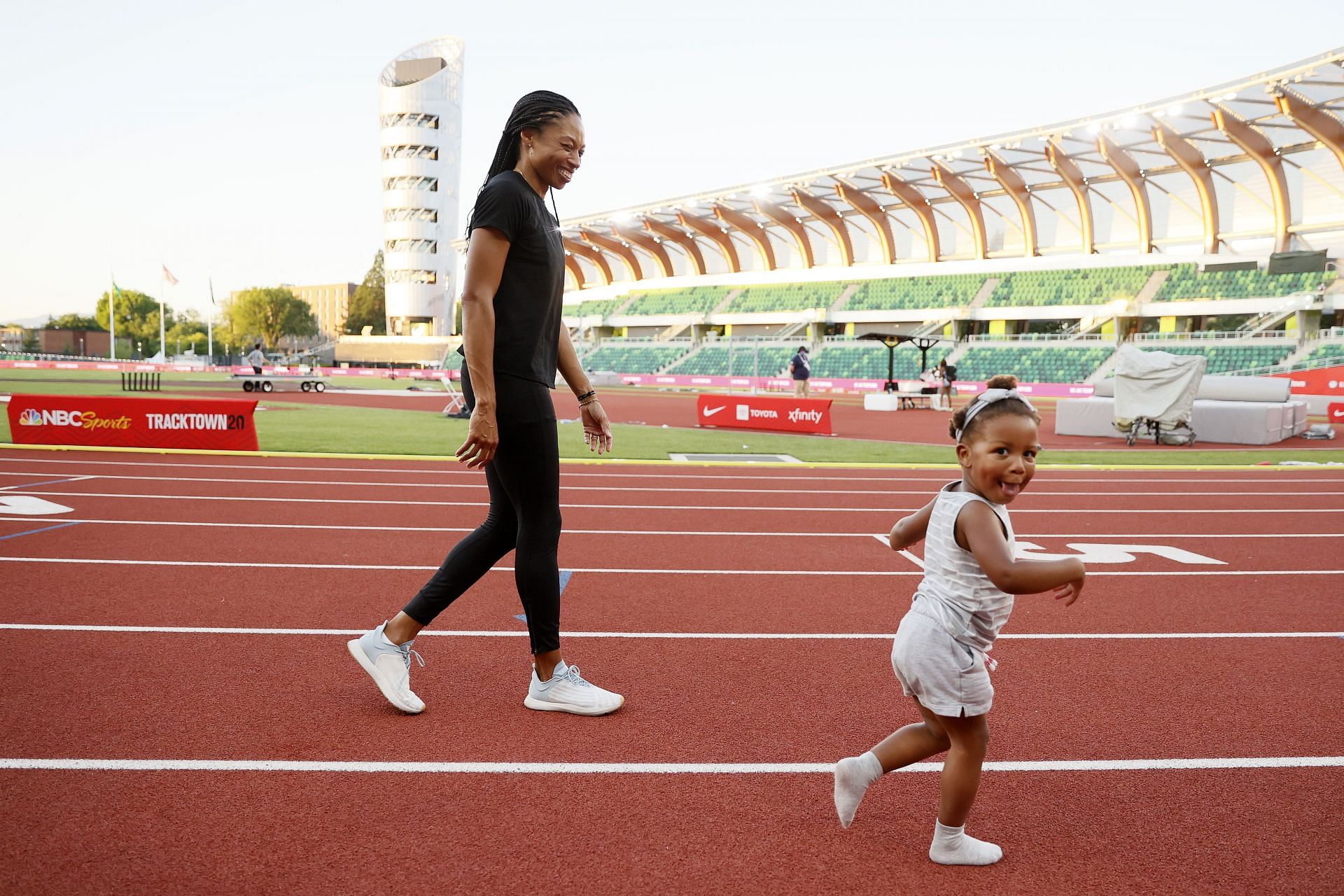 Allyson Felix along with her daughter at the 2020 U.S. Olympic Track & Field Team Trials at Hayward Field in Eugene, Oregon