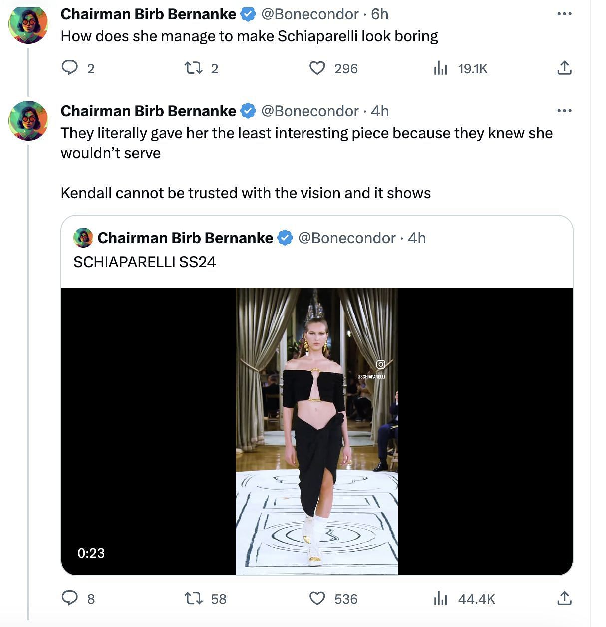 Social media users trolled Kendall after her video walking the ramp at the Schiaparelli fashion show during the Paris Fashion Week went viral. (Image via Twitter)