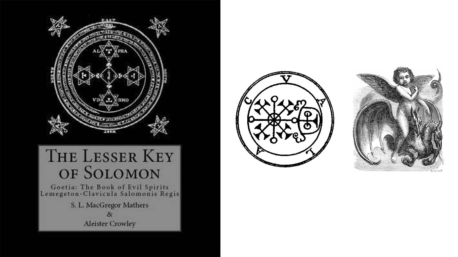 (Left to right) The cover of The Lesser Key of Solomon, the seal of Valak in the book and how the demon looks in goetic grimoire. (Images via YouTube)