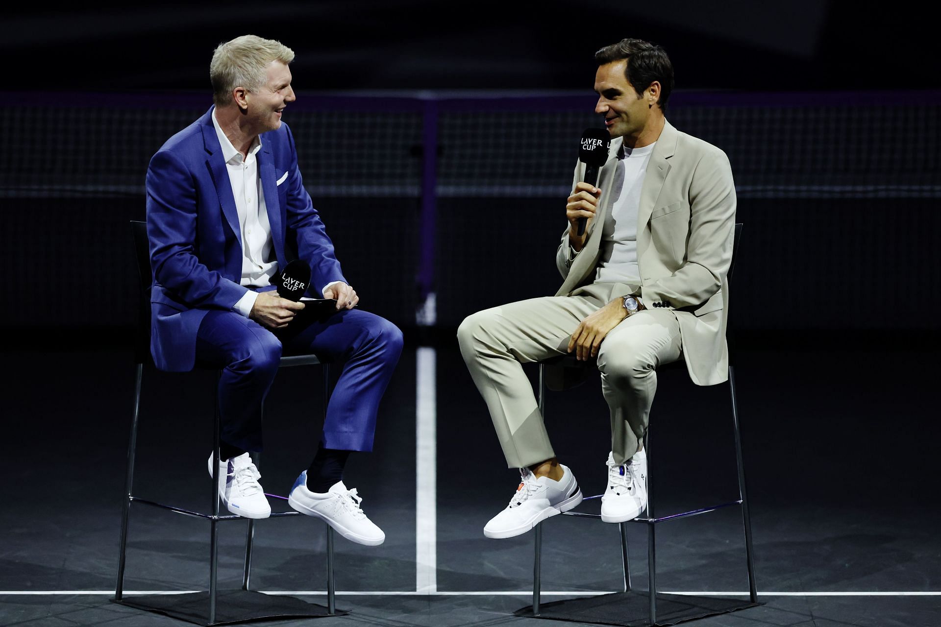 Roger Federer being interviewed by Jim Courier at the 2023 Laver Cup