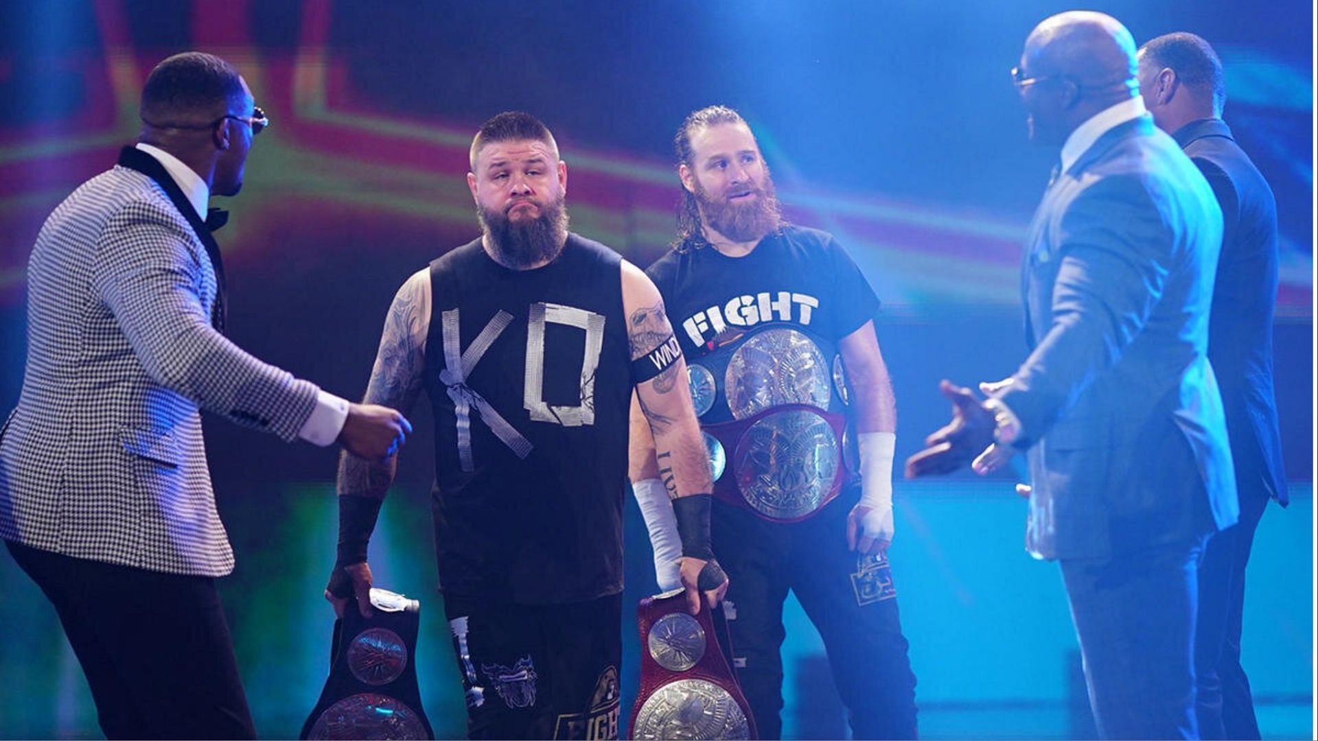 Kevin Owens and Sami Zayn make their entrance on WWE SmackDown.