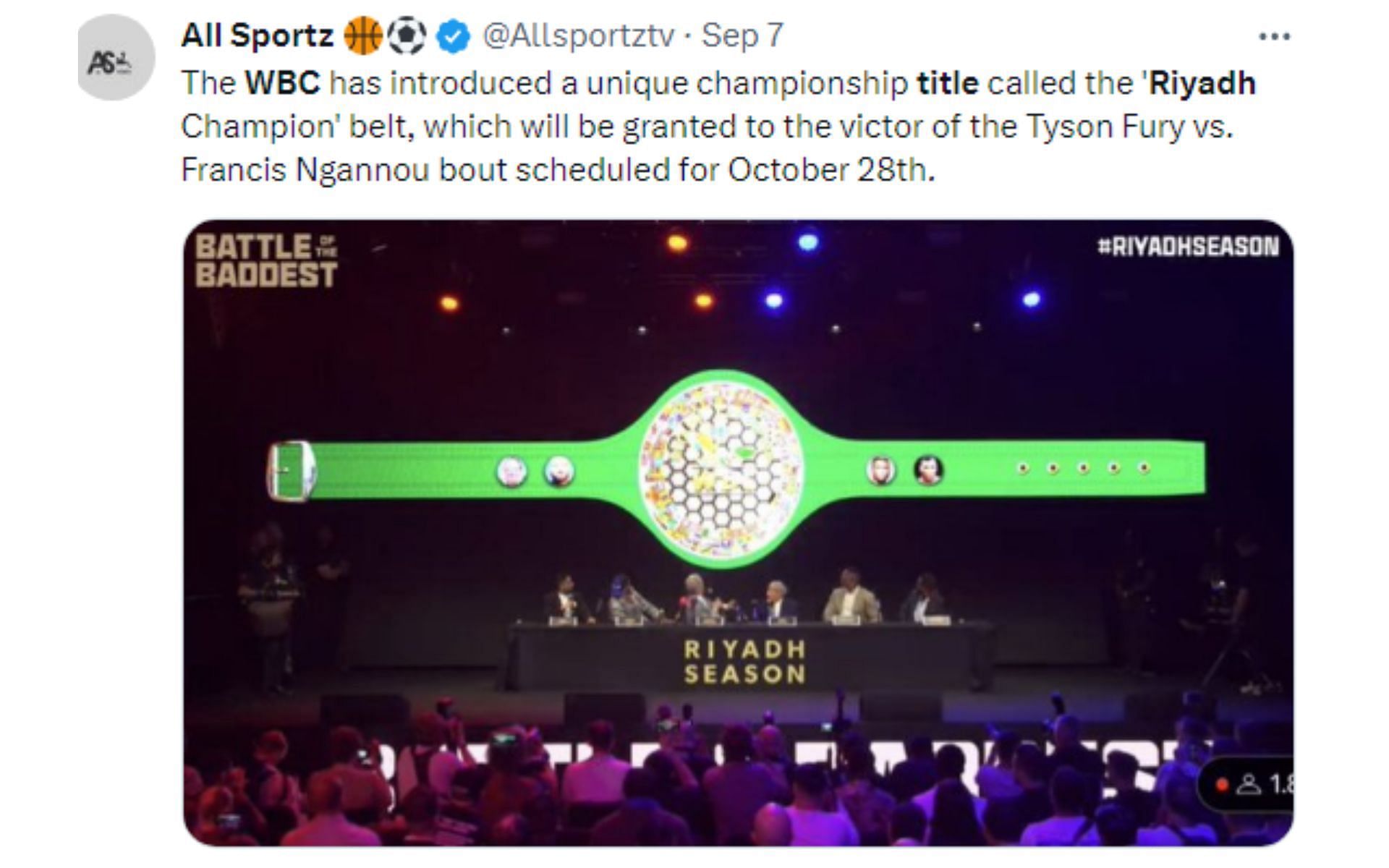 Tweet regarding Riyadh championship [Photo credit: @Allsportztv - X]