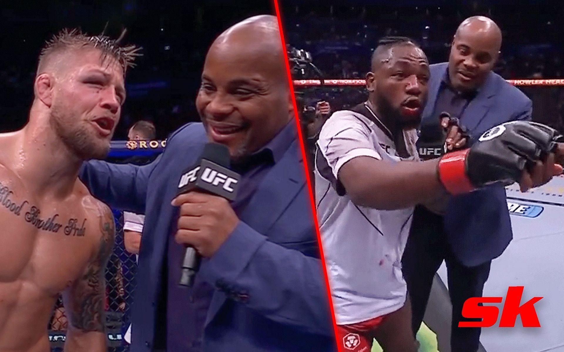 Charles Radtke [L] and Manel Kape [R] during their UFC 293 octagon interviews [Images via @Benfthomas_10 and @MECU999 Twitter]