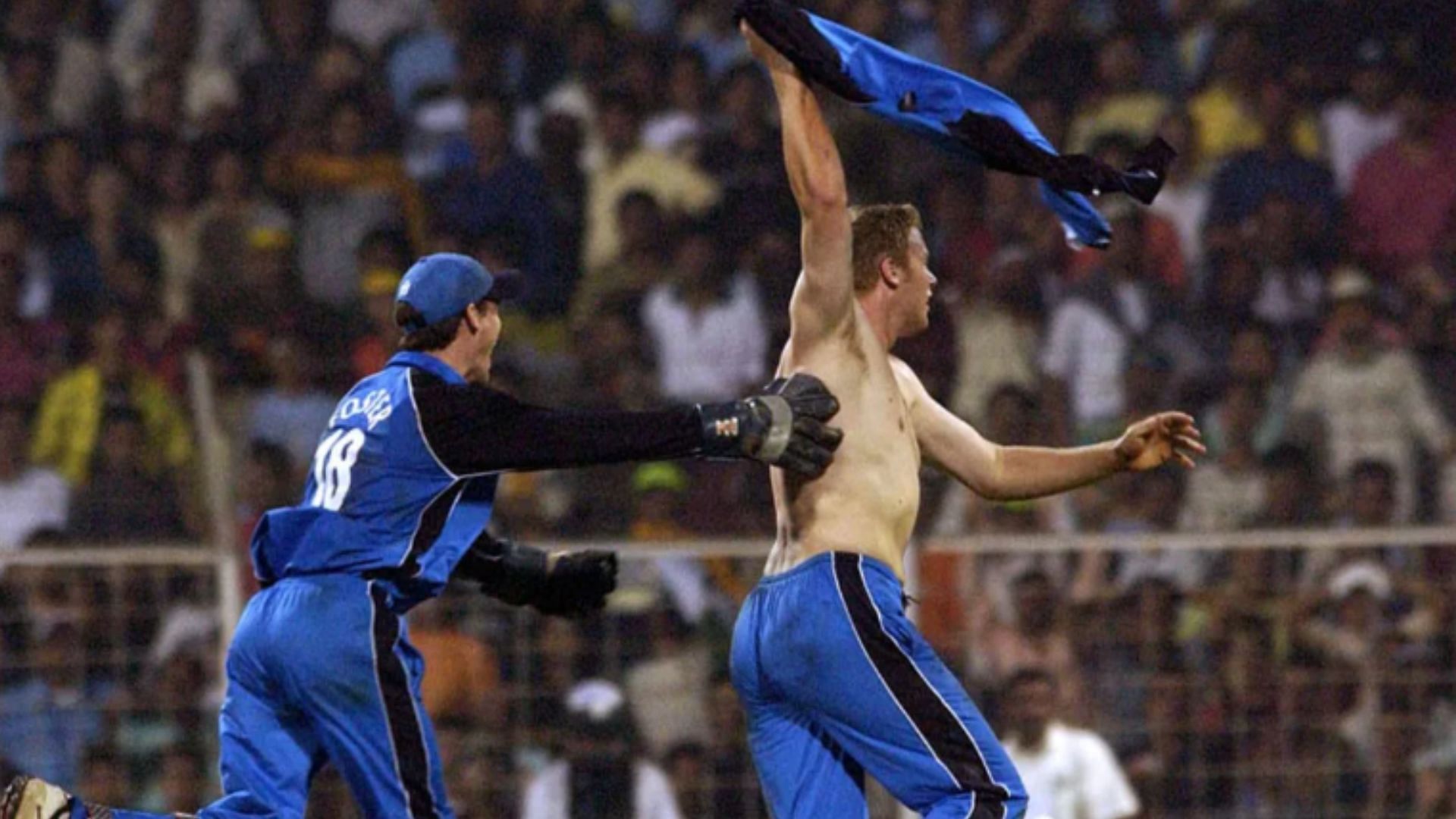 Andrew Flintoff removed his shirt after dismissing Javagal Srinath to level the series 3-3.