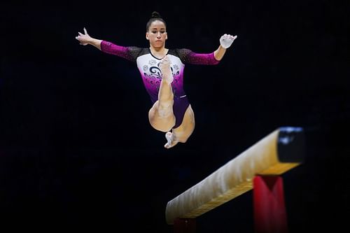 Zsofia Kovacs competes in the women's balance beam final at the 2022 Gymnastics World Championships in London, England