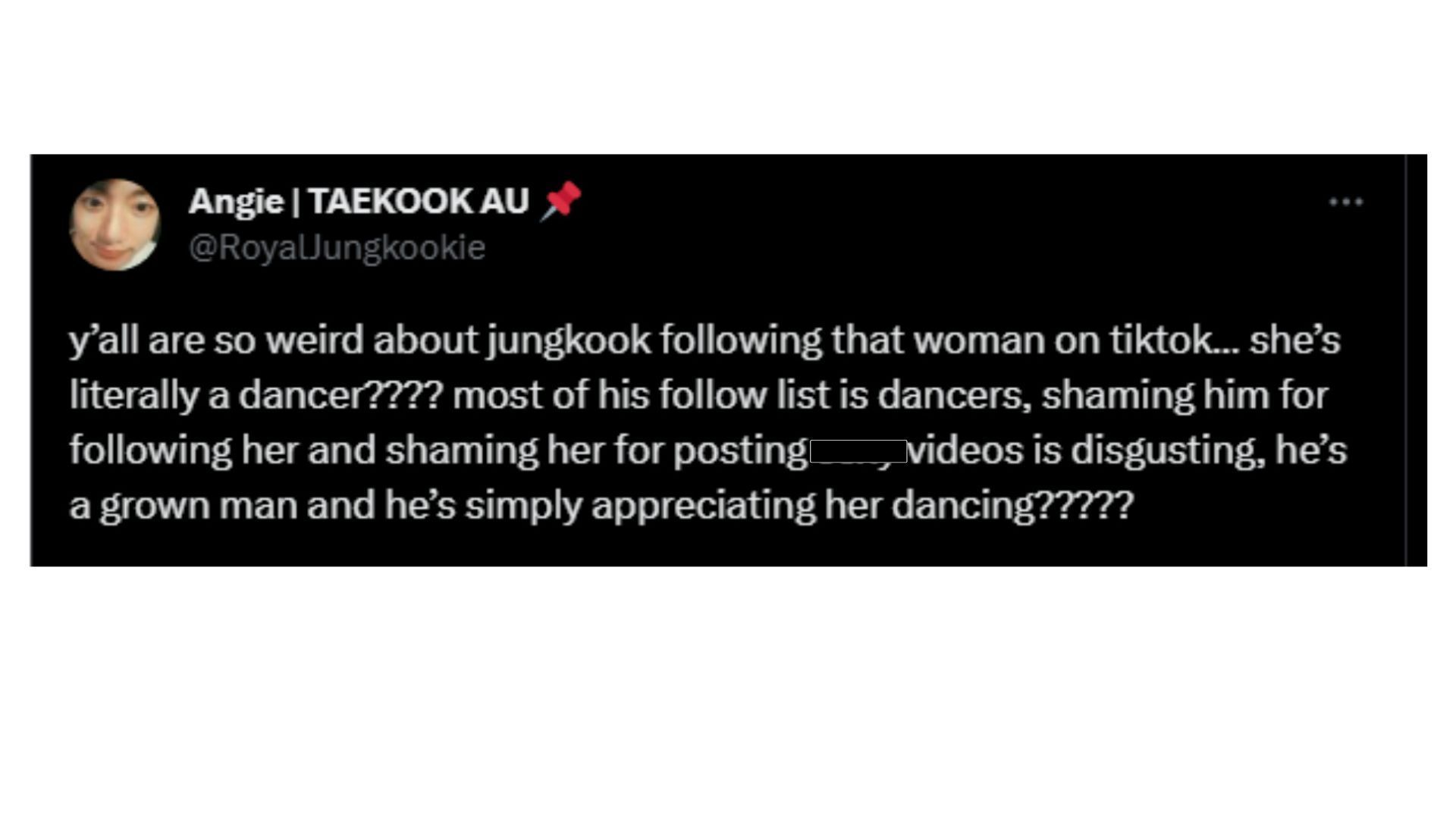 BTS&#039; Jungkook&#039;s fan addresses the hate he received for following a female dancer on TikTok (Image via Twitter/@RoyalJungkookie)